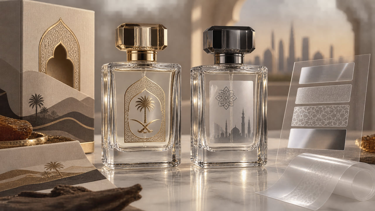 How can buyers avoid a cheap look with transparent labels on clear glass for GCC fragrance launches?