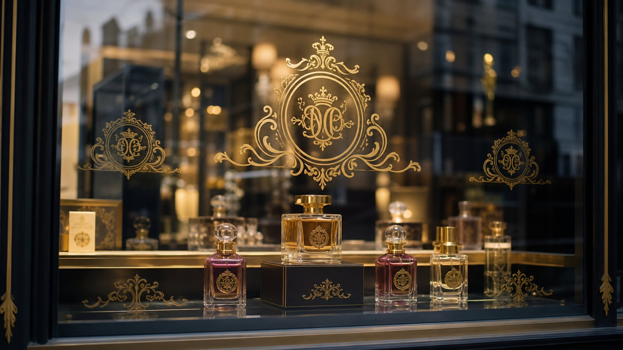 How should buyers use window stickers without blocking perfume displays for boutique retail displays?