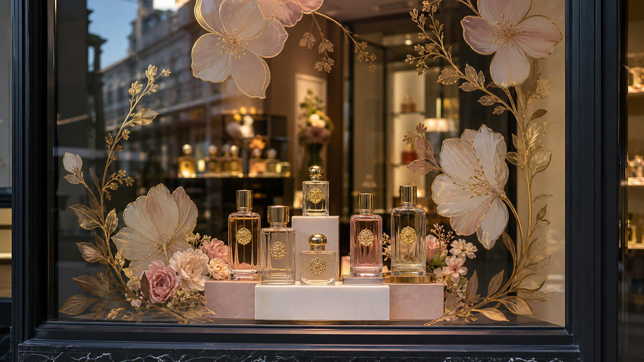 How should buyers use window stickers without blocking perfume displays for ecommerce perfume brands?
