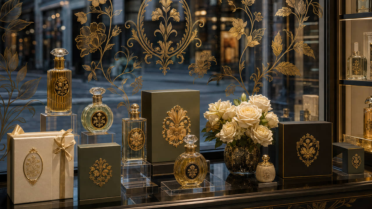 How should buyers use window stickers without blocking perfume displays for perfume gift sets?