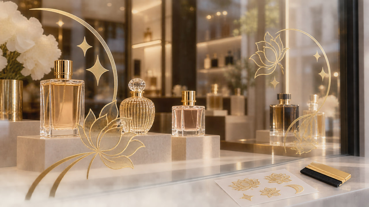 How should buyers use window stickers without blocking perfume displays for GCC fragrance launches?