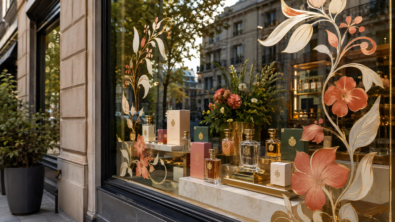 How should buyers use window stickers without blocking perfume displays for repeat orders?